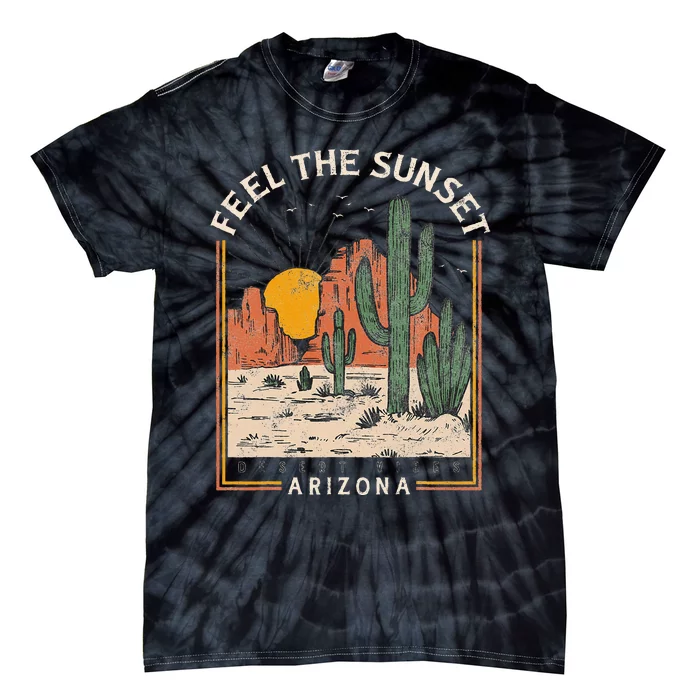 Vintage Feel Sunset Desert Vibes Arizona Mountain Cactus Tie-Dye T-Shirt