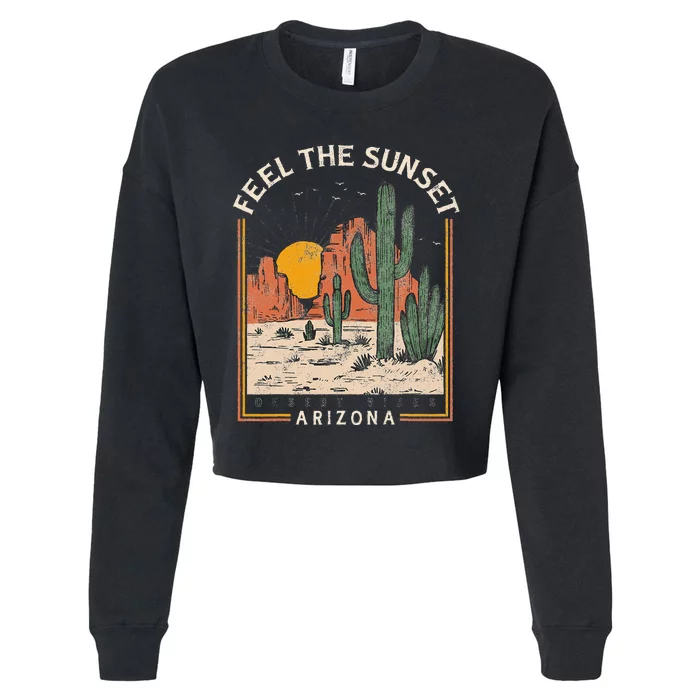 Vintage Feel Sunset Desert Vibes Arizona Mountain Cactus Cropped Pullover Crew