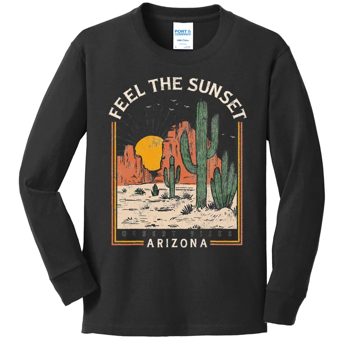 Vintage Feel Sunset Desert Vibes Arizona Mountain Cactus Kids Long Sleeve Shirt