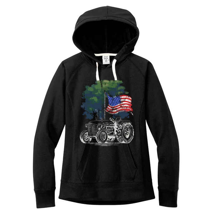 Vintage Farming Tractor American Flag Patriotic Farmer Farm Women's Fleece Hoodie