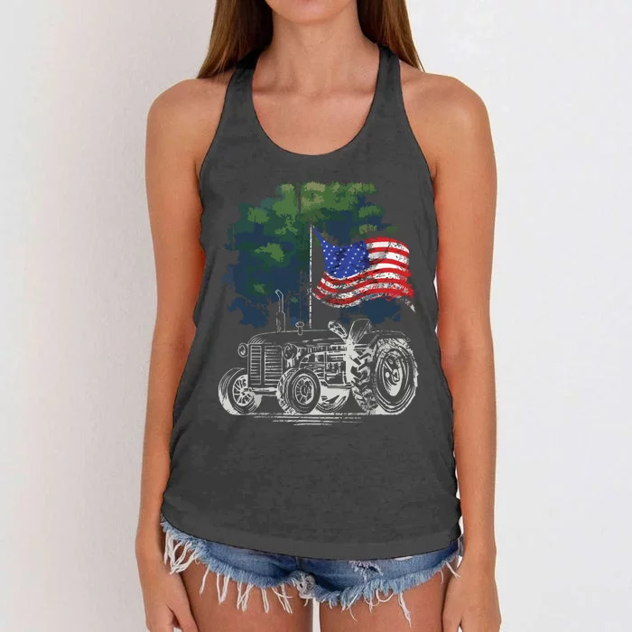 Vintage Farming Tractor American Flag Patriotic Farmer Farm Women's Knotted Racerback Tank