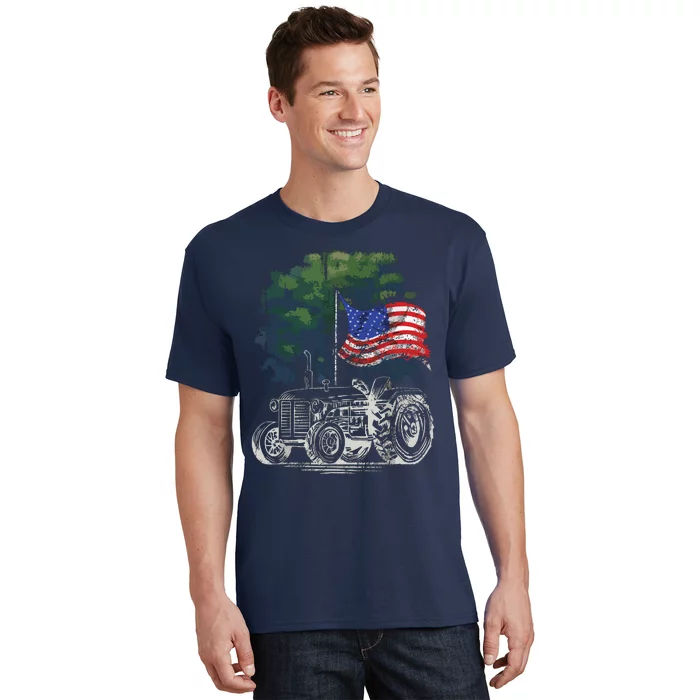 Vintage Farming Tractor American Flag Patriotic Farmer Farm T-Shirt