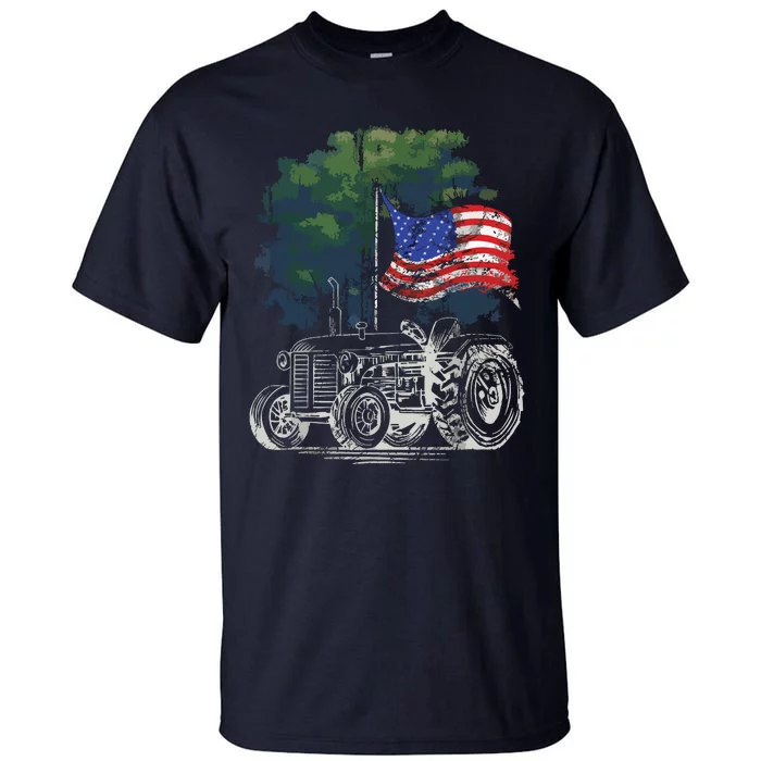 Vintage Farming Tractor American Flag Patriotic Farmer Farm Tall T-Shirt