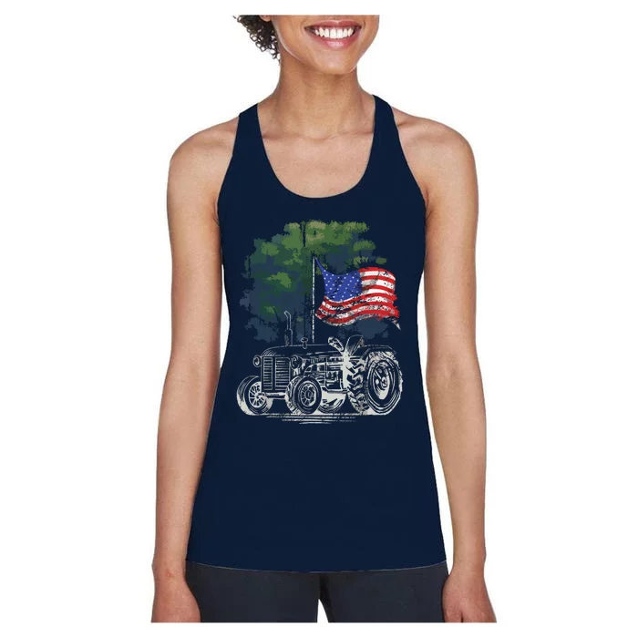 Vintage Farming Tractor American Flag Patriotic Farmer Farm Women's Racerback Tank