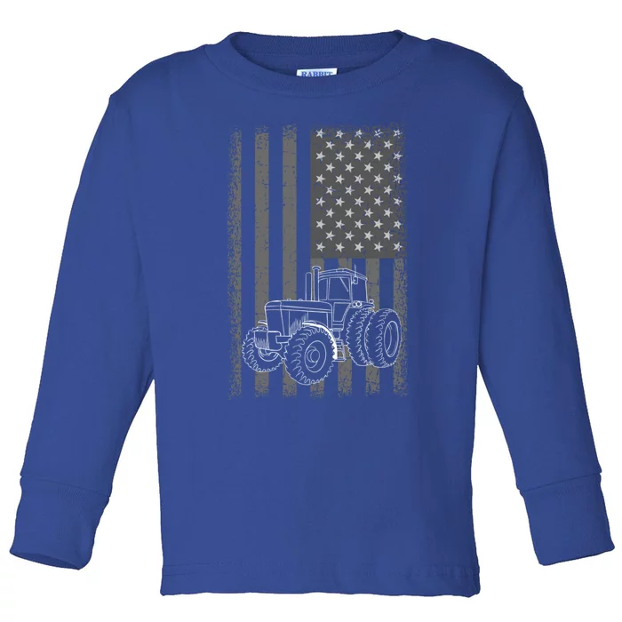 Vintage Farming Tractor American Flag Patriotic Farmer Farm Funny Gift Toddler Long Sleeve Shirt