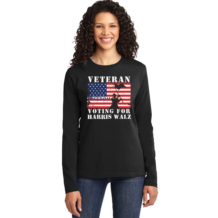 Veteran Freedom Voting For Harris Walz Waltz Usa Flag Ladies Long Sleeve Shirt