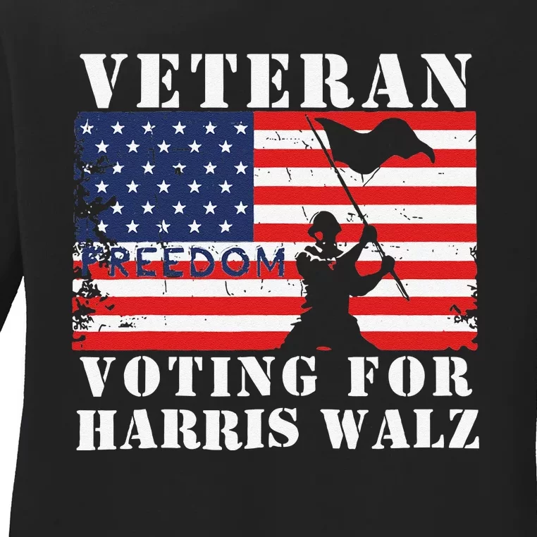 Veteran Freedom Voting For Harris Walz Waltz Usa Flag Ladies Long Sleeve Shirt