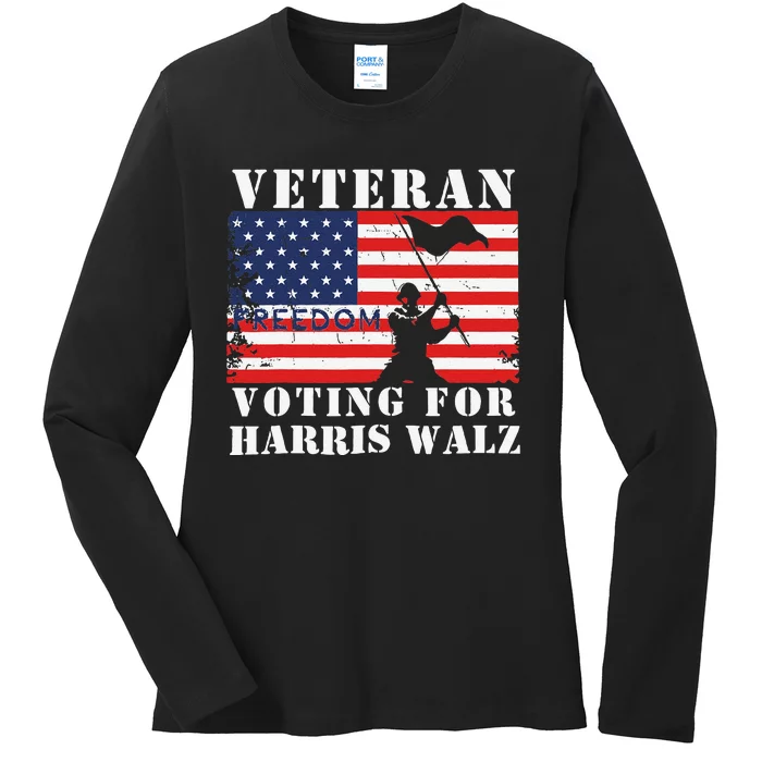 Veteran Freedom Voting For Harris Walz Waltz Usa Flag Ladies Long Sleeve Shirt