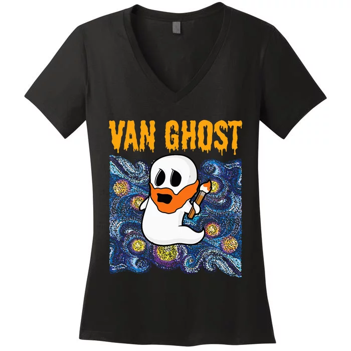 Van Ghost Art Teacher Halloween Van Gogh Starry Night Women's V-Neck T-Shirt