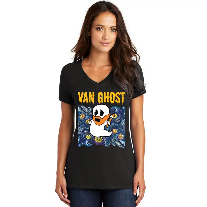 Van Ghost Art Teacher Halloween Van Gogh Starry Night Women's V-Neck T-Shirt