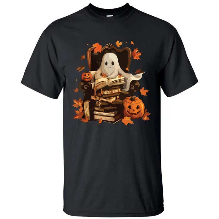 Vintage Ghost Book Reading Pumpkin Gothic Halloween Teachers Tall T-Shirt