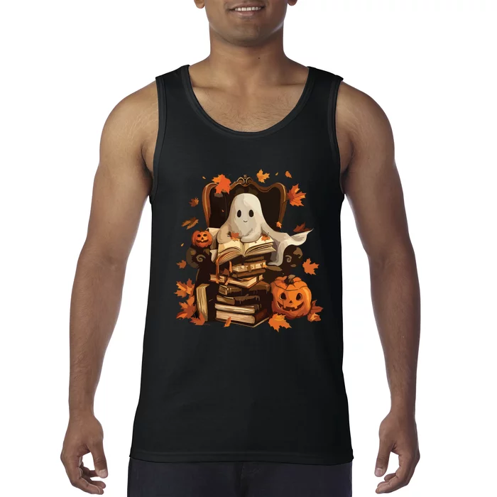 Vintage Ghost Book Reading Pumpkin Gothic Halloween Teachers Tank Top