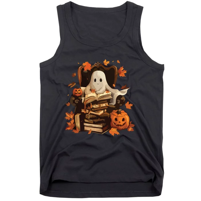 Vintage Ghost Book Reading Pumpkin Gothic Halloween Teachers Tank Top