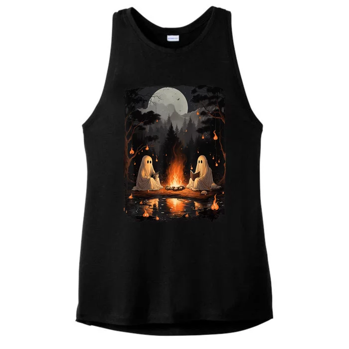 Vintage Ghost Book Reading Camping Gothic Halloween Teachers Ladies Tri-Blend Wicking Tank