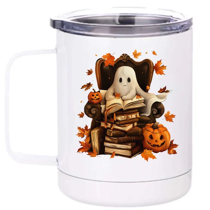 Vintage Ghost Book Reading Pumpkin Gothic Halloween Teachers Front & Back 12oz Stainless Steel Tumbler Cup