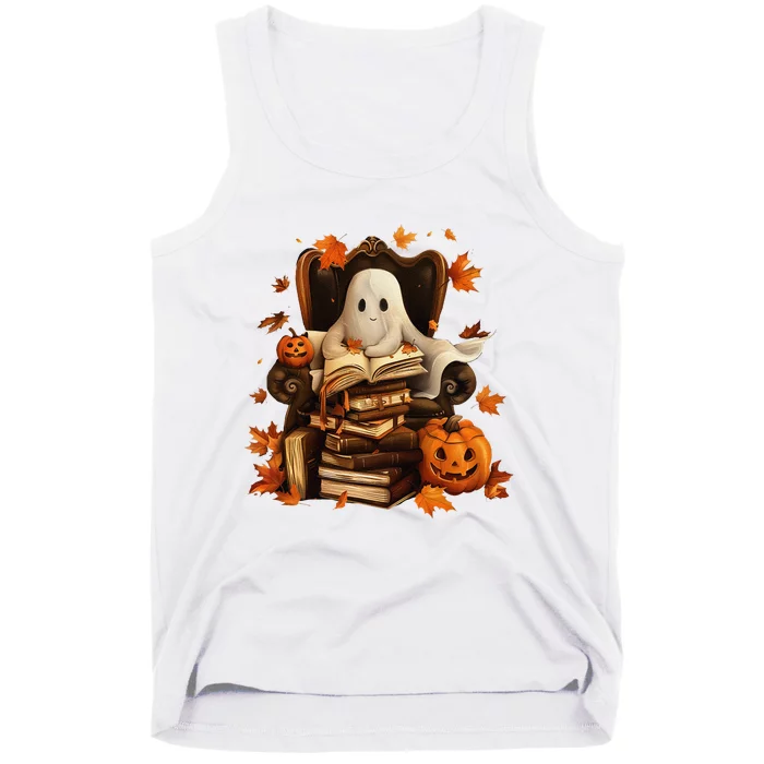 Vintage Ghost Book Reading Pumpkin Gothic Halloween Teachers Tank Top