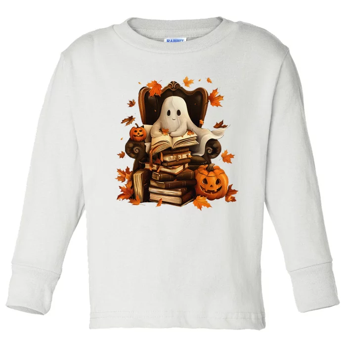 Vintage Ghost Book Reading Pumpkin Gothic Halloween Teachers Toddler Long Sleeve Shirt