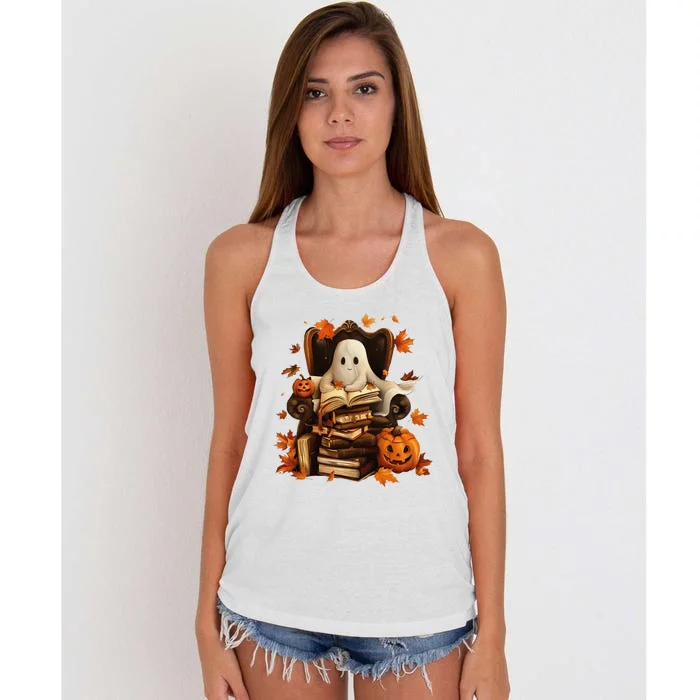 Vintage Ghost Book Reading Pumpkin Gothic Halloween Teachers Women's Knotted Racerback Tank