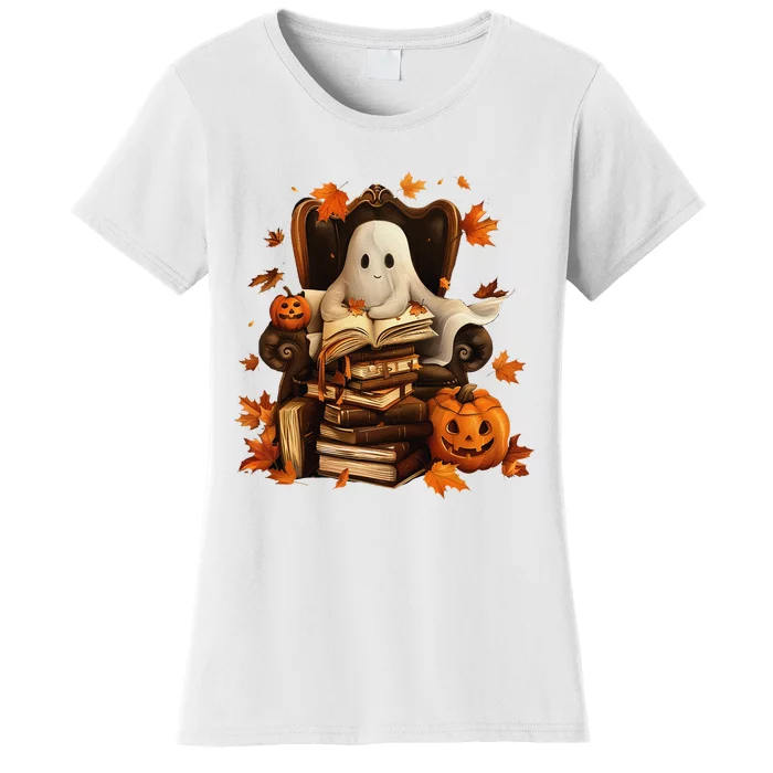 Vintage Ghost Book Reading Pumpkin Gothic Halloween Teachers Women's T-Shirt