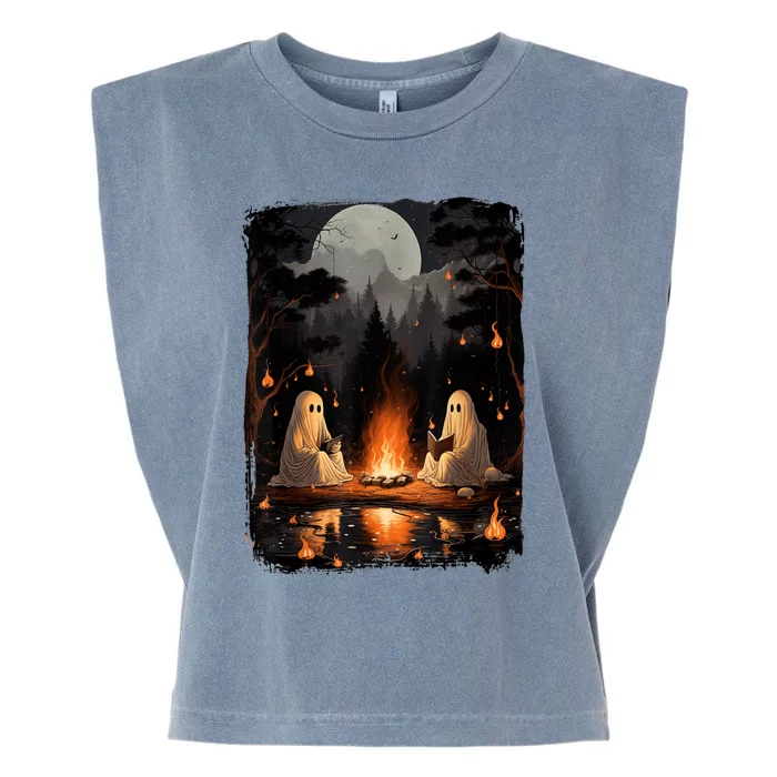 Vintage Ghost Book Reading Camping Gothic Halloween Teachers Garment-Dyed Women's Muscle Tee