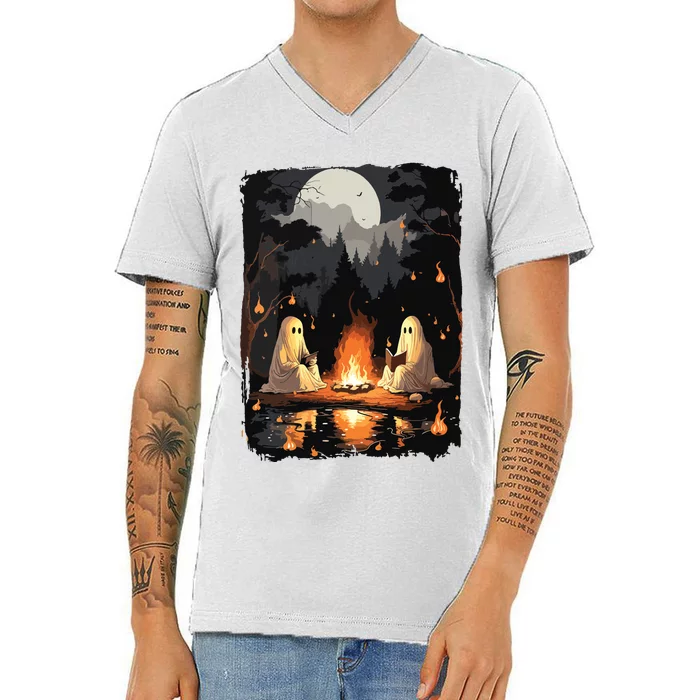 Vintage Ghost Book Reading Camping Gothic Halloween Teachers V-Neck T-Shirt