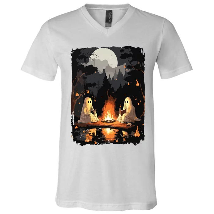 Vintage Ghost Book Reading Camping Gothic Halloween Teachers V-Neck T-Shirt