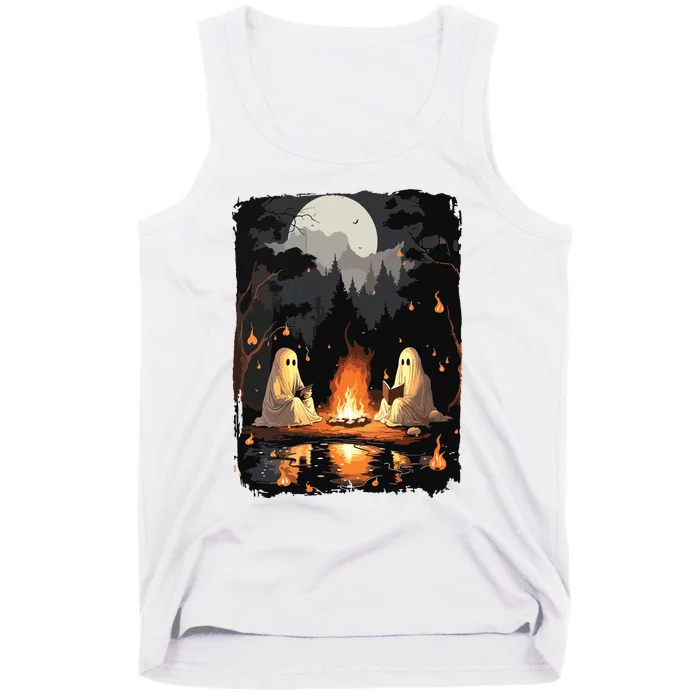 Vintage Ghost Book Reading Camping Gothic Halloween Teachers Tank Top