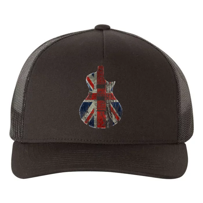 Vintage Guitar British Jack Union Flag Rock Guitarist Yupoong Adult 5-Panel Trucker Hat