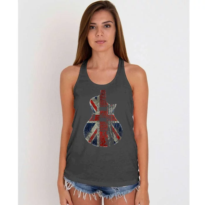 Vintage Guitar British Jack Union Flag Rock Guitarist Women's Knotted Racerback Tank