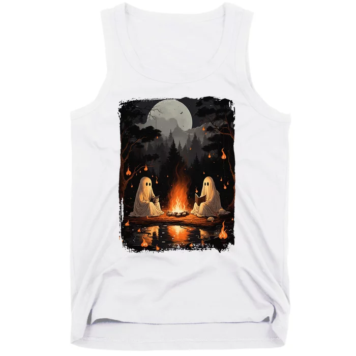 Vintage Ghost Book Reading Camping Gothic Halloween Teachers Tank Top