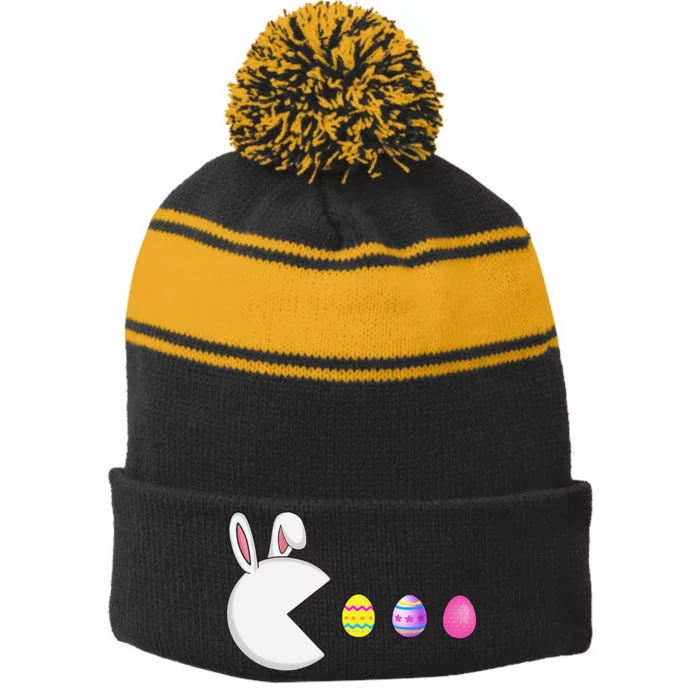 Video Game Bunny Eggs Easter Gamer Gaming Stripe Pom Pom Beanie