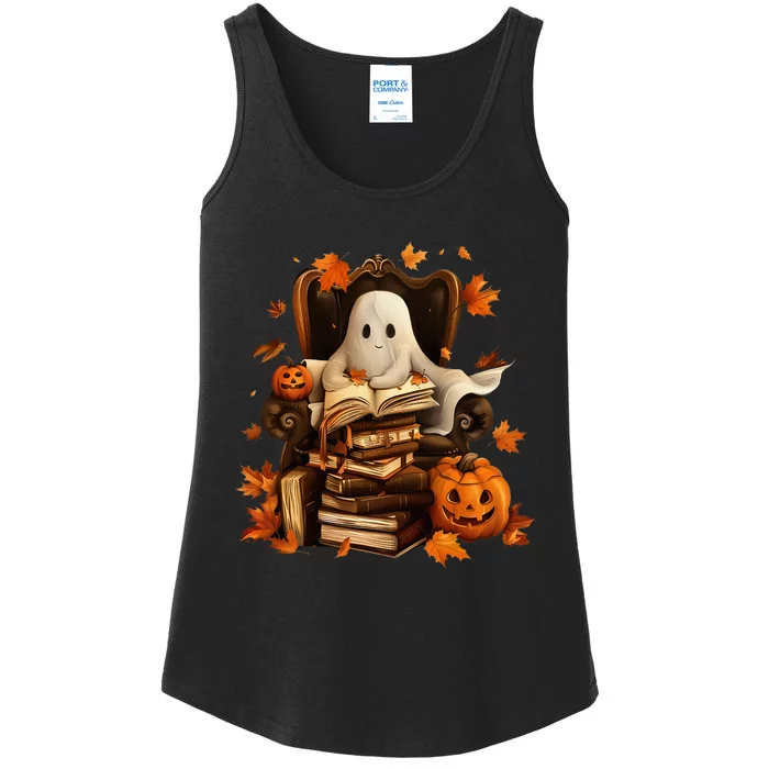 Vintage Ghost Book Reading Pumpkin Gothic Halloween Teachers Ladies Essential Tank