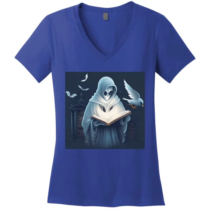 Vintage Ghost Book Reading Librarian Halloween Gift Women's V-Neck T-Shirt