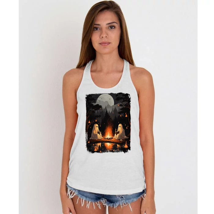 Vintage Ghost Book Reading Camping Gothic Halloween Teachers Women's Knotted Racerback Tank