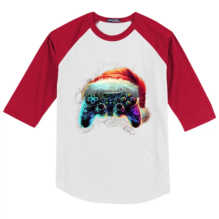 Video Game Controller Christmas Santa Hat 80s Gamer Gift Kids Colorblock Raglan Jersey