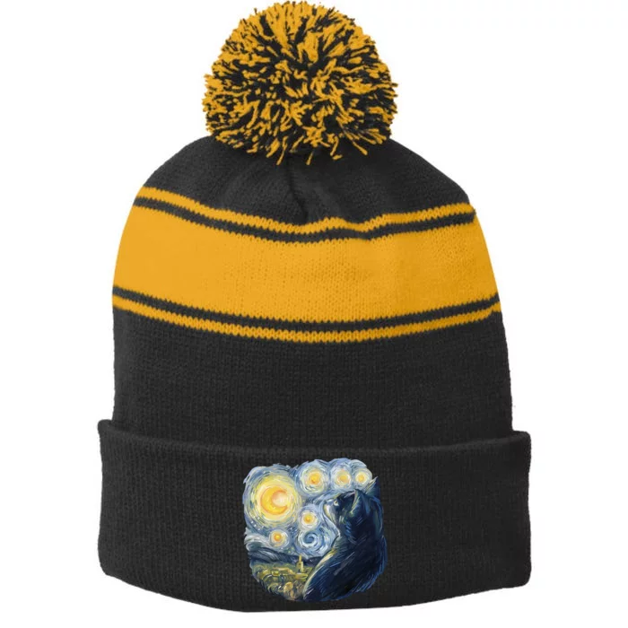 Van Gogh Cat Stripe Pom Pom Beanie