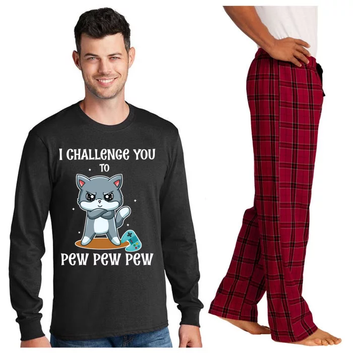 Video Games Cat Gamer Player I Challenge You Pew Pew Pew Gift Long Sleeve Pajama Set