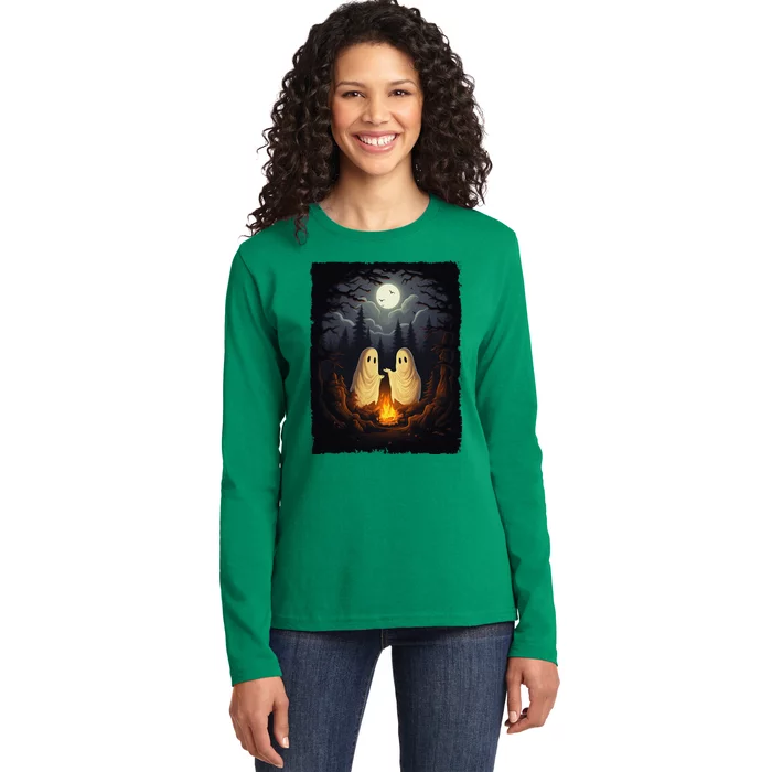 Vintage Ghost Camping Campfire Gothic Halloween Ladies Long Sleeve Shirt