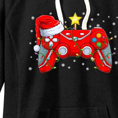 Video Game Controller Christmas Santa Hat Gamer Xmas Women's Fleece Hoodie