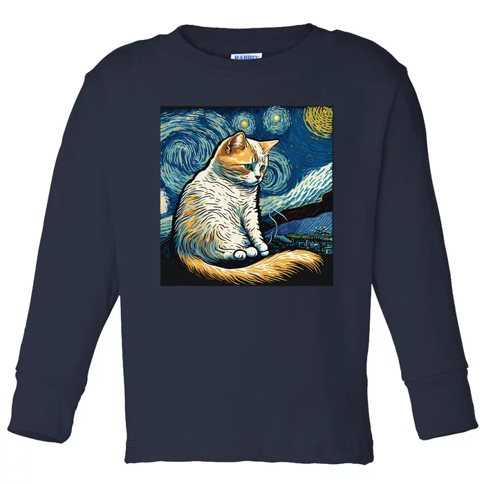 Van Gogh Cat Starry Night Cat Painting Toddler Long Sleeve Shirt