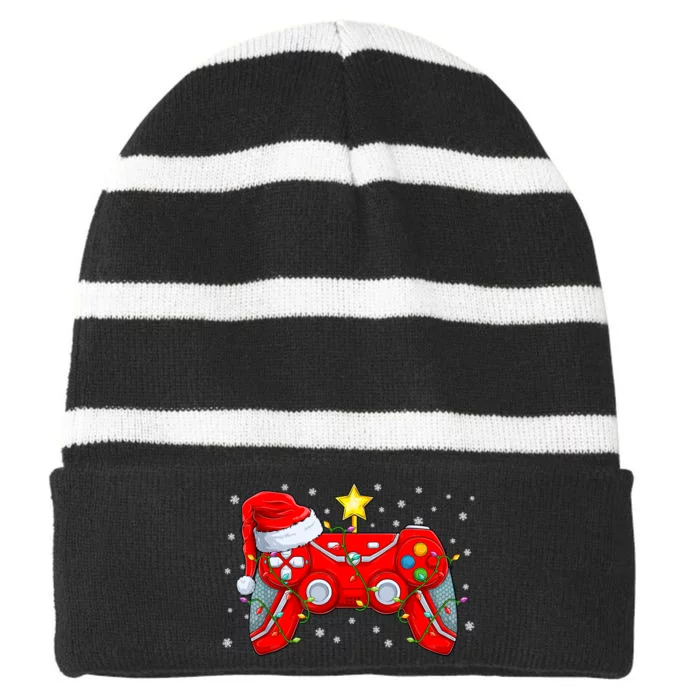 Video Game Controller Christmas Santa Hat Gamer Boy Xmas Striped Beanie with Solid Band