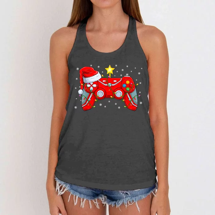 Video Game Controller Christmas Santa Hat Gamer Boy Xmas Women's Knotted Racerback Tank