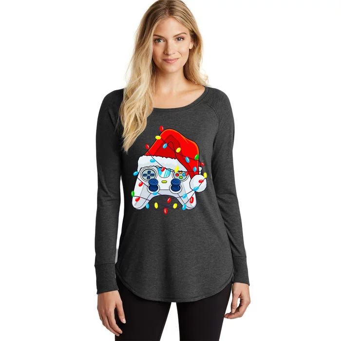 Video Game Controller Christmas Santa Hat Gamer Women's Perfect Tri Tunic Long Sleeve Shirt