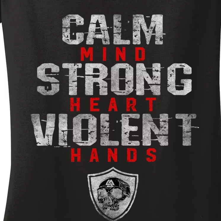 Vikings Gym Calm Mind Strong Heart Violent Hands Norse Women's V-Neck T-Shirt