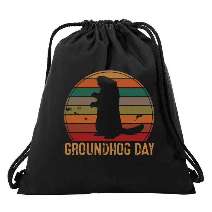 Vintage Groundhog Day Sunset Gift Fun Ground Hog Silhouette Drawstring Bag