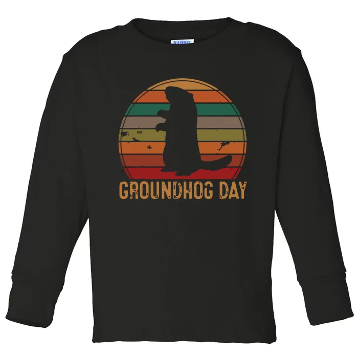 Vintage Groundhog Day Sunset Gift Fun Ground Hog Silhouette Toddler Long Sleeve Shirt