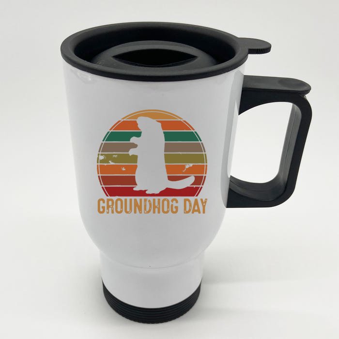 Vintage Groundhog Day Sunset Gift Fun Ground Hog Silhouette Front & Back Stainless Steel Travel Mug