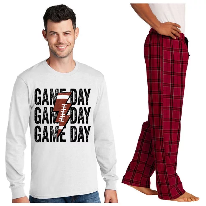 Vintage Game Day Football Lightning Bolt Funny Team Sport Long Sleeve Pajama Set