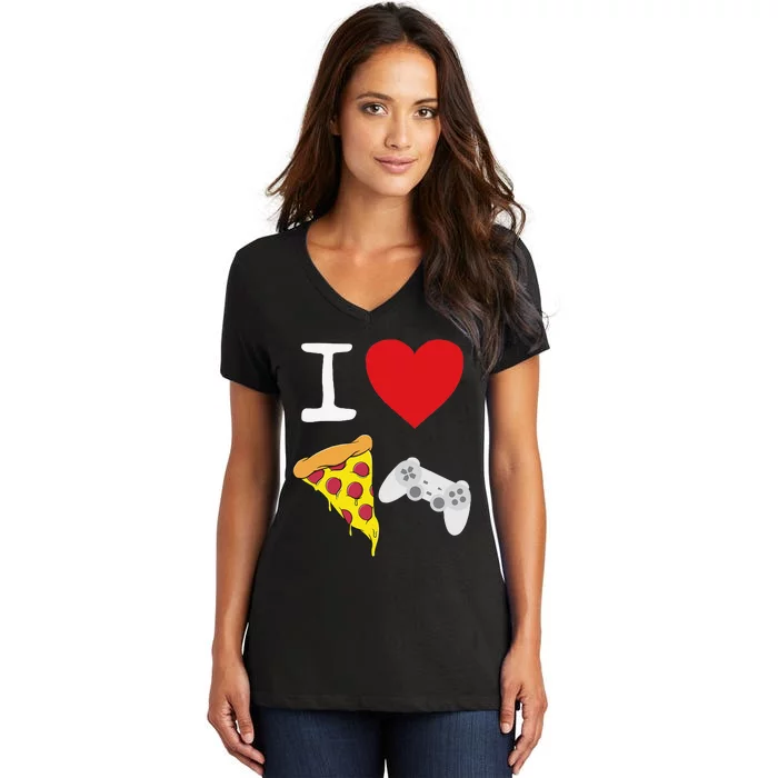 Video Games funny Love Pizza Cheese Slice Women's V-Neck T-Shirt