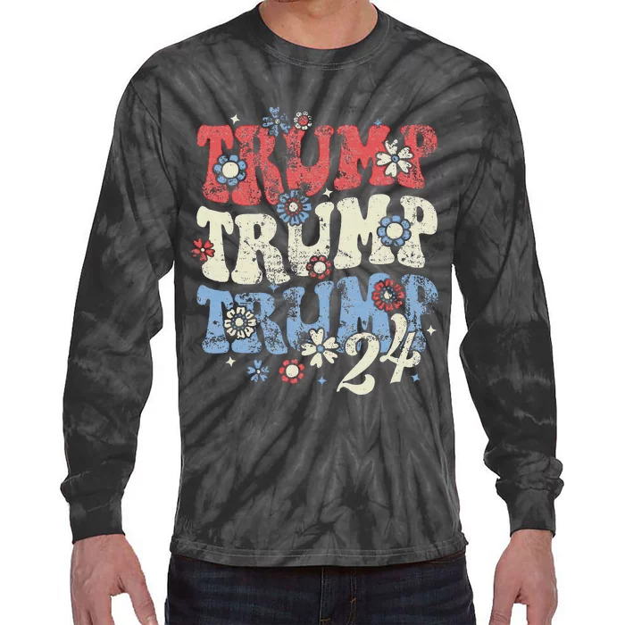 Vintage Groovy Flower Trump Trump Trump 2024 Tie-Dye Long Sleeve Shirt